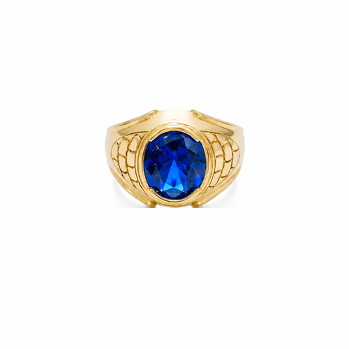 14KT Gold Ring Men's Oval Blue Round CZ Stone Plain Border Brick Print on Band