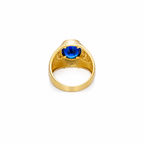 14KT Gold Ring Men's Oval Blue Round CZ Stone Plain Border Brick Print on Band