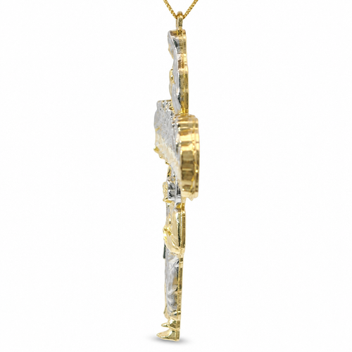 14KT Gold Charm Large Two Tone Last Supper Cross with Virgin Mary and St Jude Center and Plain Bell