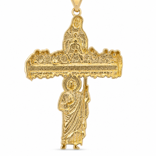 14KT Gold Charm Large Two Tone Last Supper Cross with Virgin Mary and St Jude Center and Plain Bell