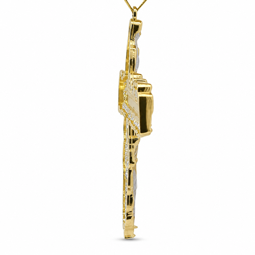 14KT Gold Charm Large Two Tone Last Supper Cross with Virgin Mary and St Jude Center and Plain Bell