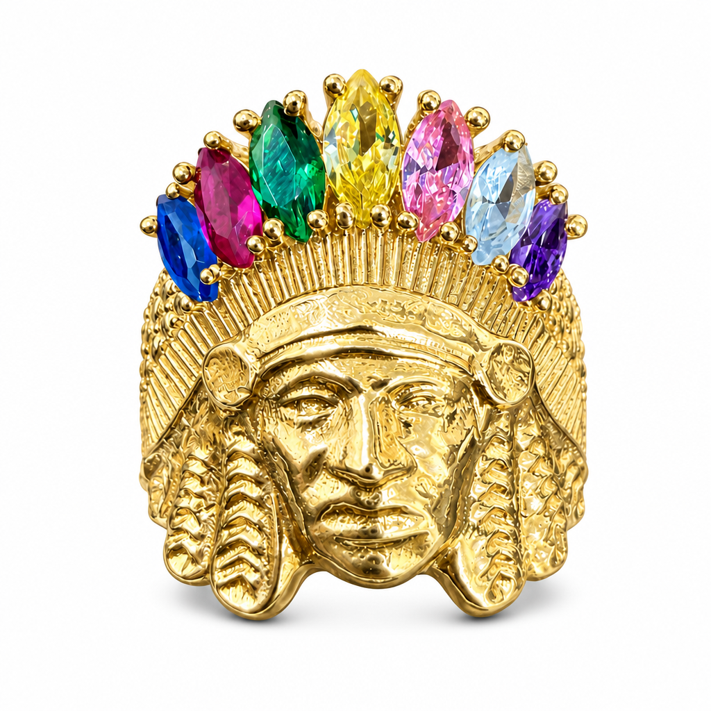 14KT Gold Ring Men's Small American Indigenous Indian Head with Multicolor Marquise CZ Stones Headdress and Feather Print Band