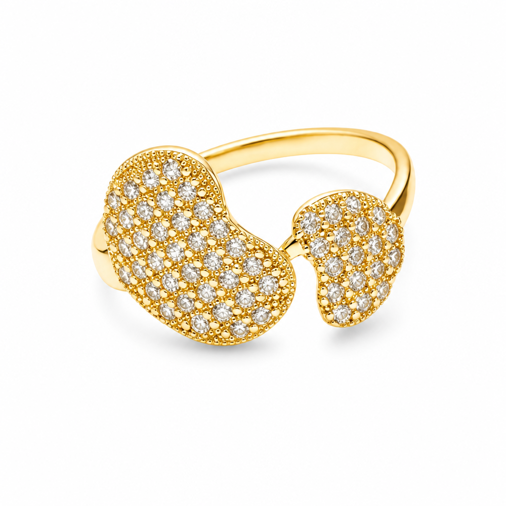 14KT Gold Ring Women's Six Row White CZ Stone Heart / Four Row White CZ Stones Heart Mock Bypass Band