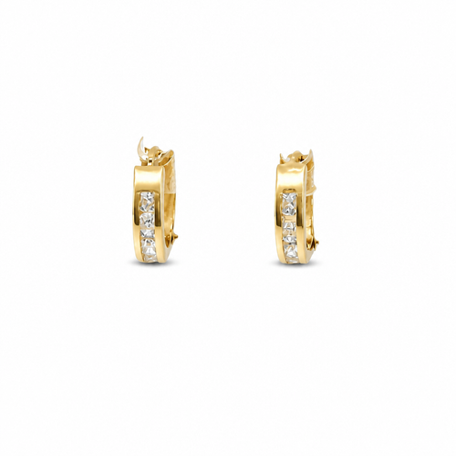 14KT Gold Earring Extra Small White CZ Stones Single Row Hoops with Two Tone Wheat Print Diamond Cut Back Huggie