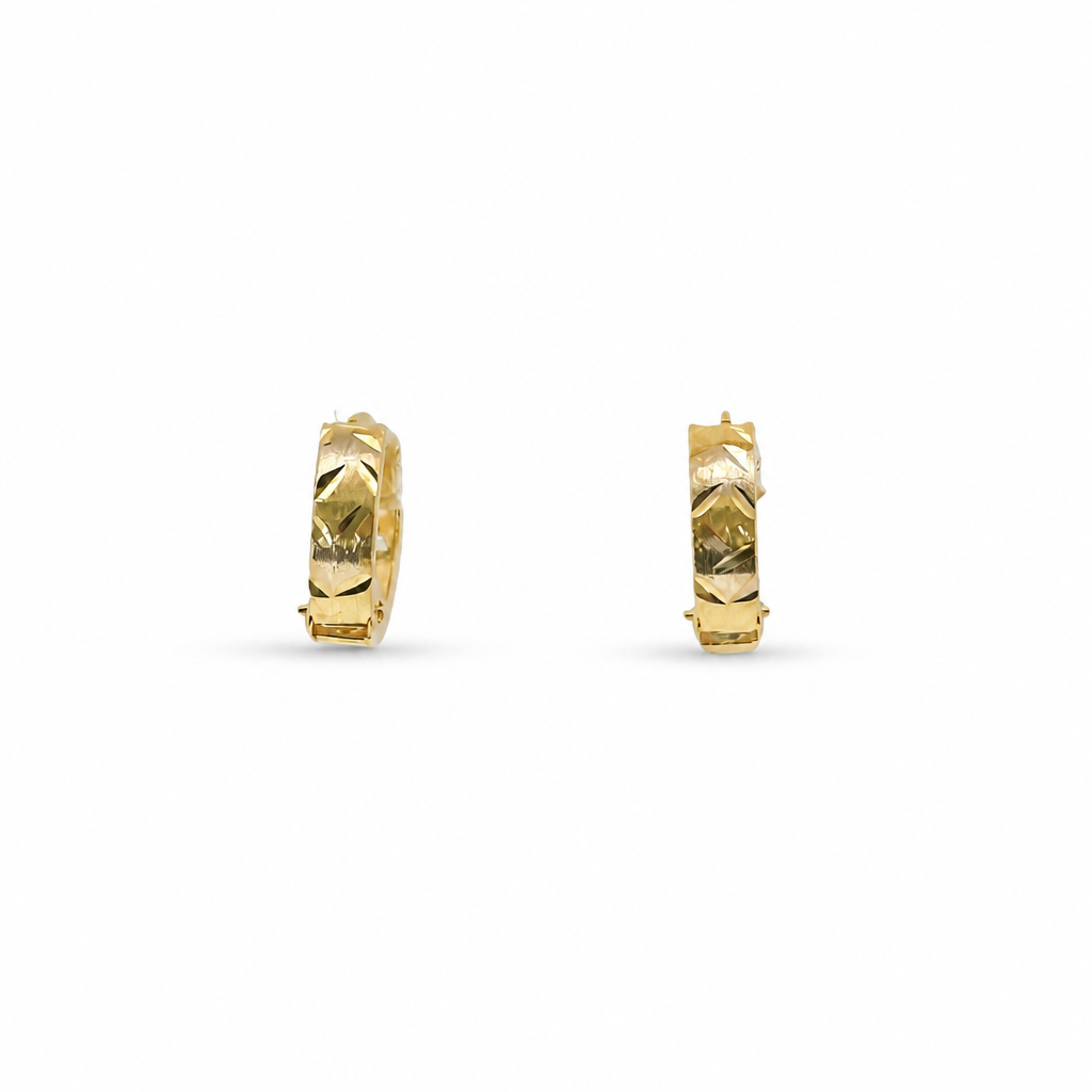 14KT Gold Earring Extra Small White CZ Stones Single Row Hoops with Two Tone Wheat Print Diamond Cut Back Huggie