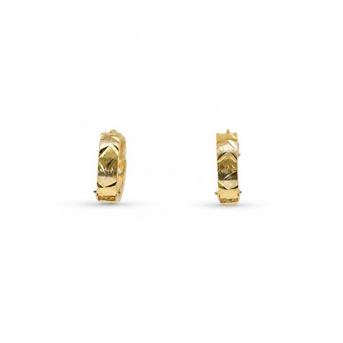 14KT Gold Earring Extra Small White CZ Stones Single Row Hoops with Two Tone Wheat Print Diamond Cut Back Huggie