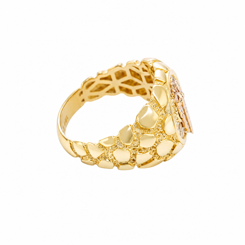 14KT Gold Ring Men's Round Raised St. Jude Center with White CZ Baguette Stones Background Plain Border Side Design Nugget