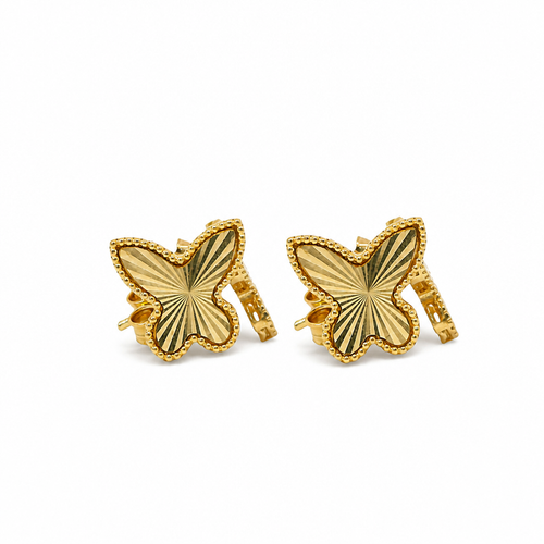 14KT Gold Earrings Small Sunray Butterfly with Dotted Border, Push Back Post and Butterfly Backs