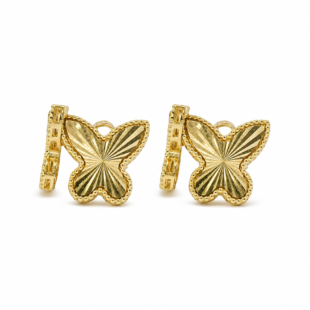 14KT Gold Earrings Small Sunray Butterfly with Dotted Border, Push Back Post and Butterfly Backs