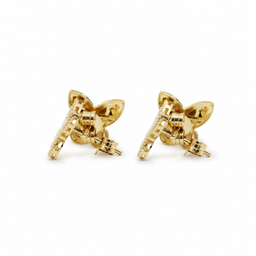14KT Gold Earrings Small Sunray Butterfly with Dotted Border, Push Back Post and Butterfly Backs