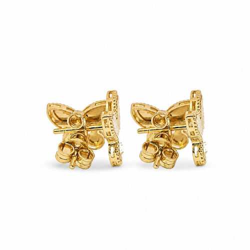 14KT Gold Earrings Small Sunray Butterfly with Dotted Border, Push Back Post and Butterfly Backs