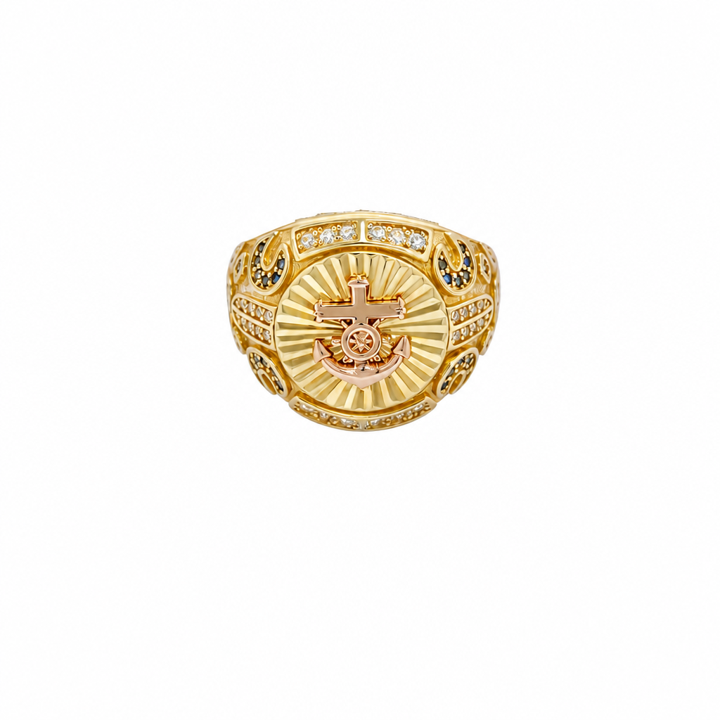 14KT Gold Ring Men's Round Two Tone Raised Anchor/Wheel Center with Sunray Background White CZ Stone Border Black CZ Stone Edges/ Corners with Black CZ Moon Shape CZ Designs Side Stones