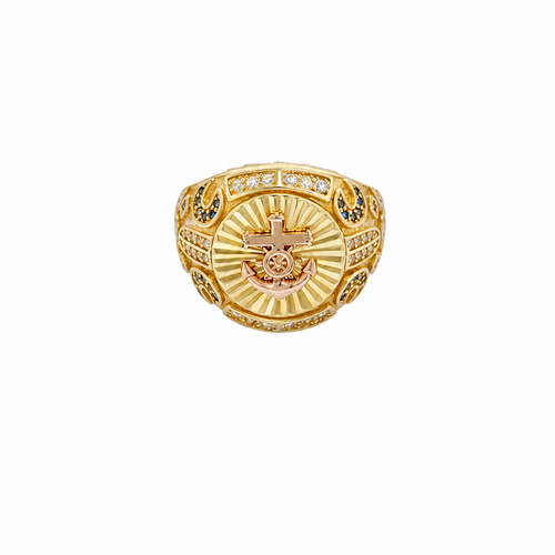 14KT Gold Ring Men's Round Two Tone Raised Anchor/Wheel Center with Sunray Background White CZ Stone Border Black CZ Stone Edges/ Corners with Black CZ Moon Shape CZ Designs Side Stones