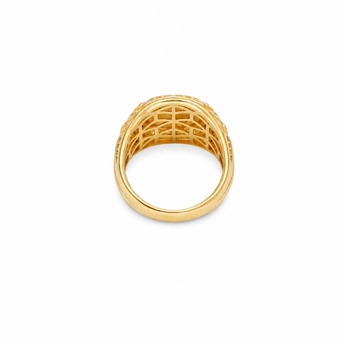 14KT Gold Ring Men's Round Two Tone Raised Anchor/Wheel Center with Sunray Background White CZ Stone Border Black CZ Stone Edges/ Corners with Black CZ Moon Shape CZ Designs Side Stones