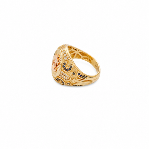 14KT Gold Ring Men's Round Two Tone Raised Anchor/Wheel Center with Sunray Background White CZ Stone Border Black CZ Stone Edges/ Corners with Black CZ Moon Shape CZ Designs Side Stones