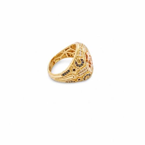 14KT Gold Ring Men's Round Two Tone Raised Anchor/Wheel Center with Sunray Background White CZ Stone Border Black CZ Stone Edges/ Corners with Black CZ Moon Shape CZ Designs Side Stones
