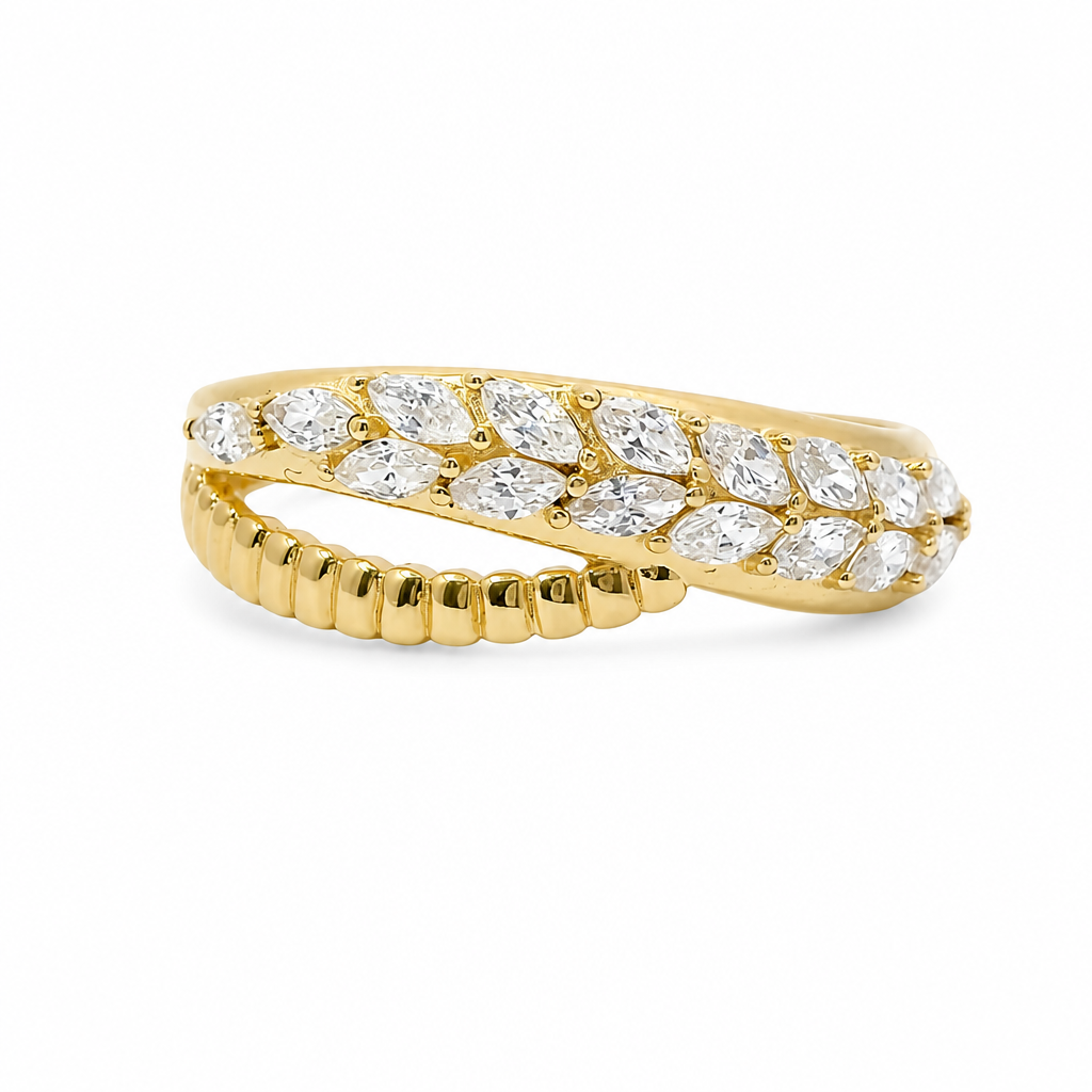 14KT Gold Ring Women's Light Weight Wavy Wheat Stem and Ribbed Snake Tail Split Band