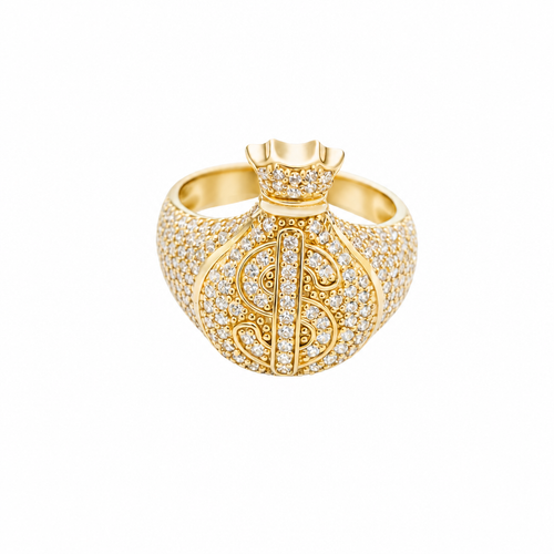 14KT Gold Ring Men's 3D Money Bag with White CZ Stone Single Row Dollar Sign Symbol Plain Border with White CZ Stones on Money Bag Side Design White CZ Stones