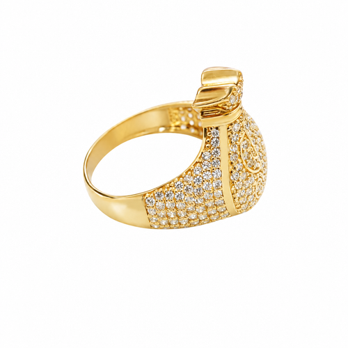 14KT Gold Ring Men's 3D Money Bag with White CZ Stone Single Row Dollar Sign Symbol Plain Border with White CZ Stones on Money Bag Side Design White CZ Stones