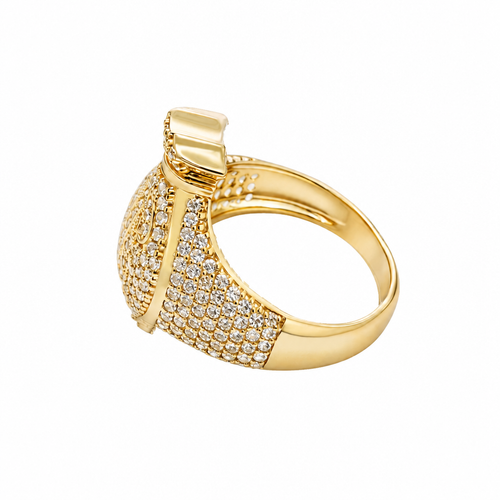 14KT Gold Ring Men's 3D Money Bag with White CZ Stone Single Row Dollar Sign Symbol Plain Border with White CZ Stones on Money Bag Side Design White CZ Stones