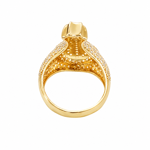 14KT Gold Ring Men's 3D Money Bag with White CZ Stone Single Row Dollar Sign Symbol Plain Border with White CZ Stones on Money Bag Side Design White CZ Stones