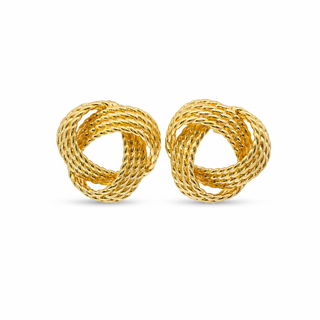 14KT Gold Earrings Medium Open Center Four Strand Plain Flattened Plain Braided Notched Cords Knot with Push Back Post and Butterfly Backs