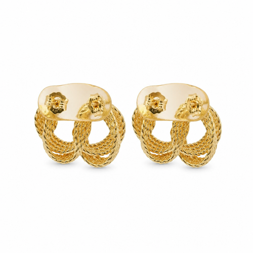 14KT Gold Earrings Medium Open Center Four Strand Plain Flattened Plain Braided Notched Cords Knot with Push Back Post and Butterfly Backs