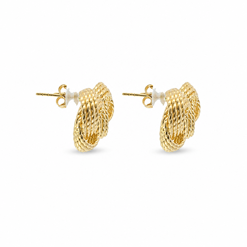 14KT Gold Earrings Medium Open Center Four Strand Plain Flattened Plain Braided Notched Cords Knot with Push Back Post and Butterfly Backs