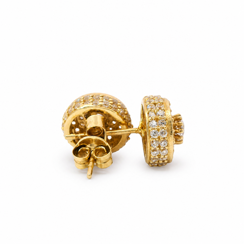 14KT Gold Earrings Small Round Cylinder White CZ Stones Round Cluster Center, Plain Border, Double Row White CZ Stones Edge, Push Back Post and Butterfly Backs