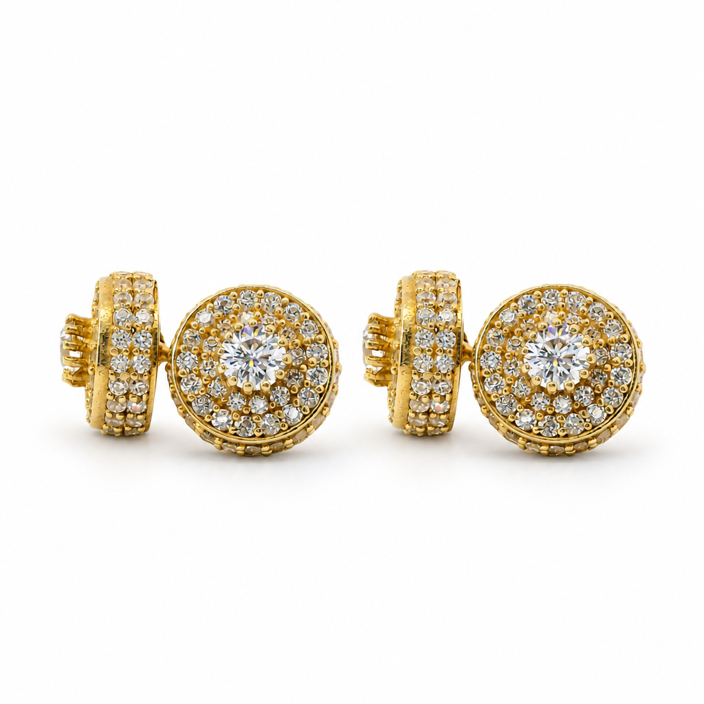 14KT Gold Earrings Small Round Cylinder White CZ Stones Round Cluster Center, Plain Border, Double Row White CZ Stones Edge, Push Back Post and Butterfly Backs