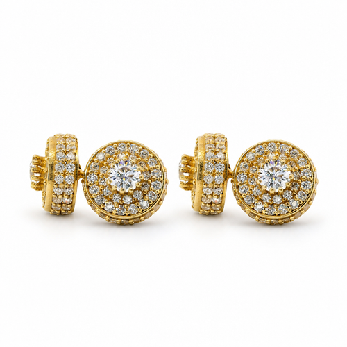 14KT Gold Earrings Small Round Cylinder White CZ Stones Round Cluster Center, Plain Border, Double Row White CZ Stones Edge, Push Back Post and Butterfly Backs