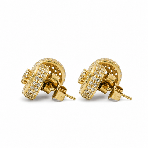 14KT Gold Earrings Small Round Cylinder White CZ Stones Round Cluster Center, Plain Border, Double Row White CZ Stones Edge, Push Back Post and Butterfly Backs