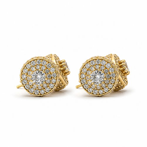 14KT Gold Earrings Small Round Cylinder White CZ Stones Round Cluster Center, Plain Border, Double Row White CZ Stones Edge, Push Back Post and Butterfly Backs
