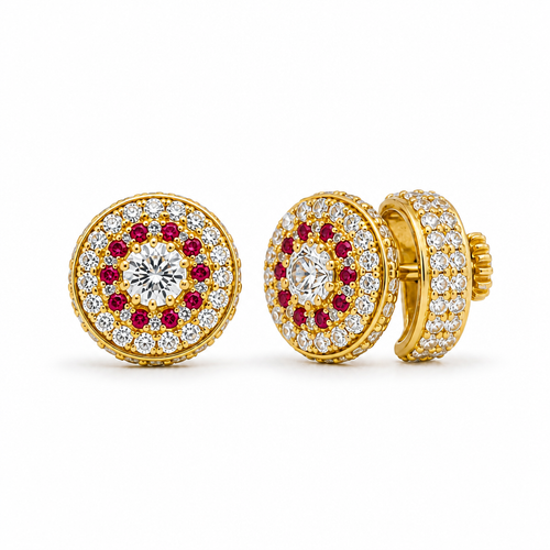 14KT Gold Earrings Small Round Cylinder White CZ Stones Round Cluster Center, Plain Border, Double Row White CZ Stones Edge, Push Back Post and Butterfly Backs