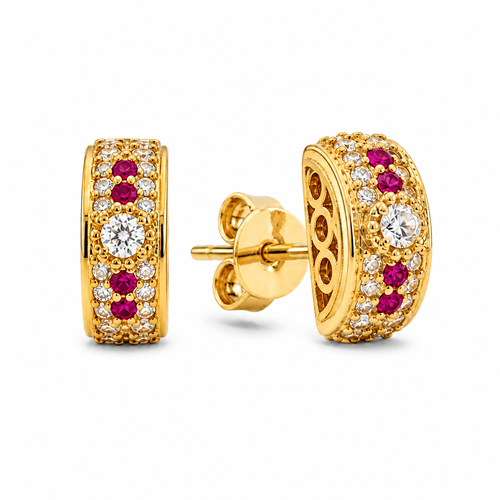 14KT Gold Earrings Small Round Cylinder White CZ Stones Round Cluster Center, Plain Border, Double Row White CZ Stones Edge, Push Back Post and Butterfly Backs