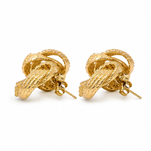 14KT Gold Earrings Medium White CZ Stones Braided Cords Knot with Push Back Post and Butterfly Backs