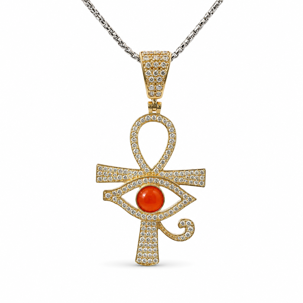 14KT Gold Charm Large White CZ Stones Ankh with Red Eye of Horus Center and White CZ Stones Bell