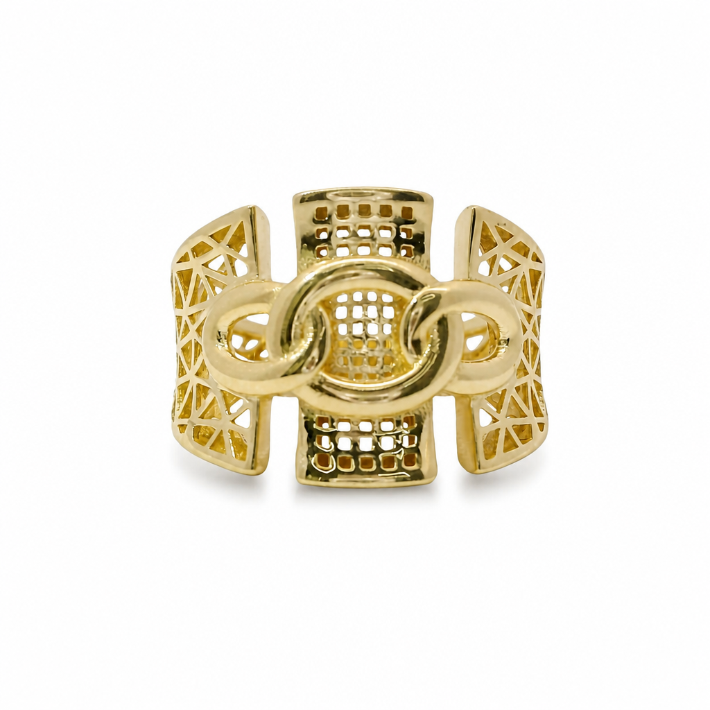 14KT Gold Ring Women's Abstract Three Chain Links/Three Section Split Band Design Triangle Cutout Band
