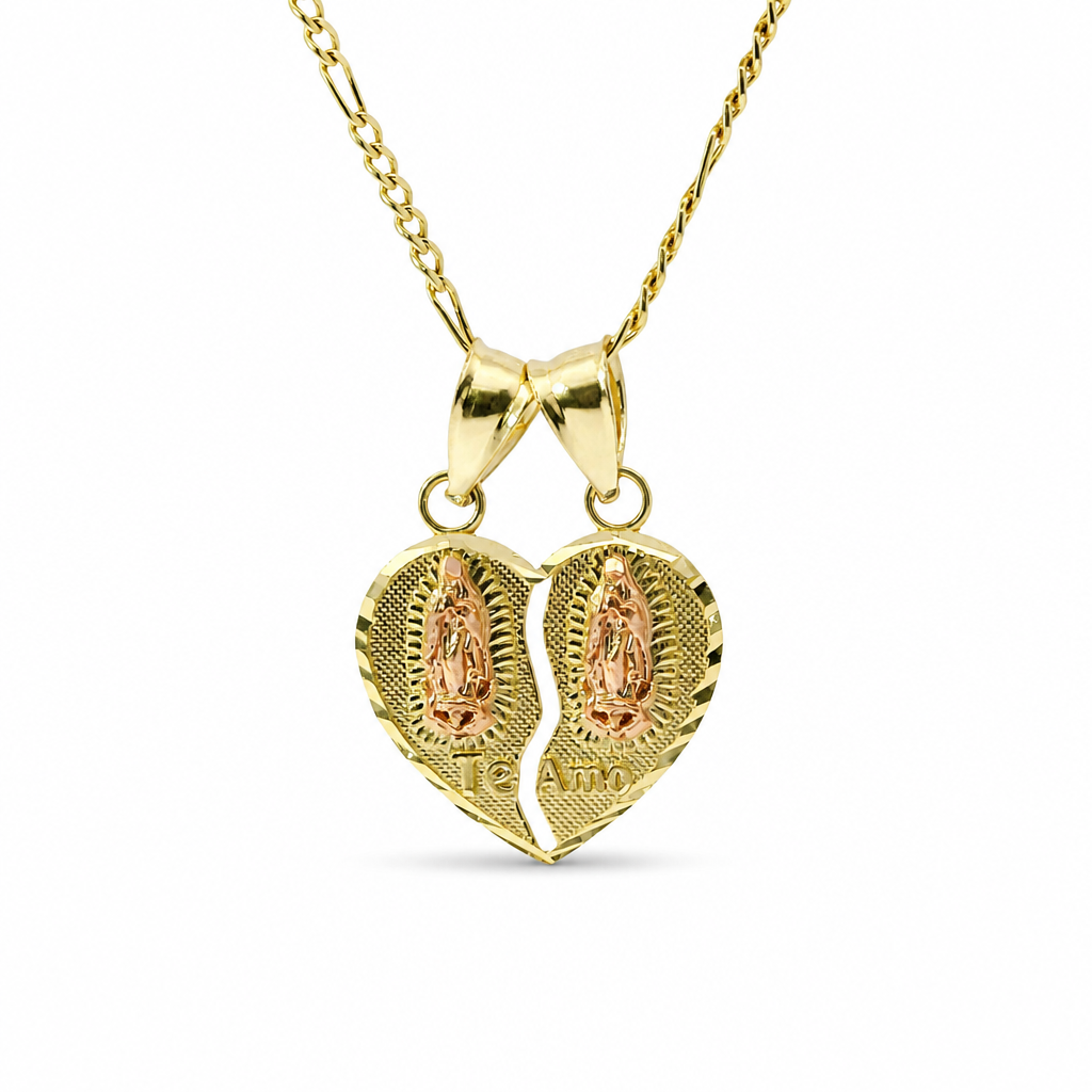 14KT Gold Charm Small Two Tone "Te Amo" Broken Heart with Left Virgin Mary and Right Virgin Mary with Diamond Cut Border and Double Plain Bell
