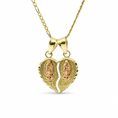 14KT Gold Charm Small Two Tone "Te Amo" Broken Heart with Left Virgin Mary and Right Virgin Mary with Diamond Cut Border and Double Plain Bell
