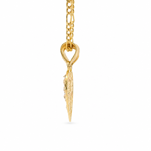 14KT Gold Charm Small Two Tone "Te Amo" Broken Heart with Left Virgin Mary and Right Virgin Mary with Diamond Cut Border and Double Plain Bell