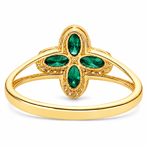 14KT Gold Ring Women's Jumbo Four Petal Flower Dark Green Petals with White CZ Center Stone and Border Plain Split Band