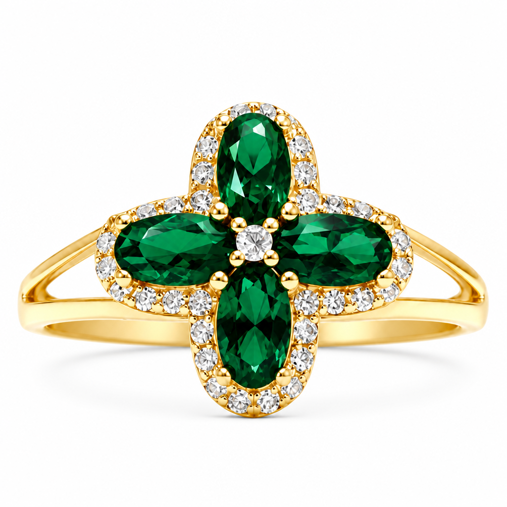 14KT Gold Ring Women's Jumbo Four Petal Flower Dark Green Petals with White CZ Center Stone and Border Plain Split Band