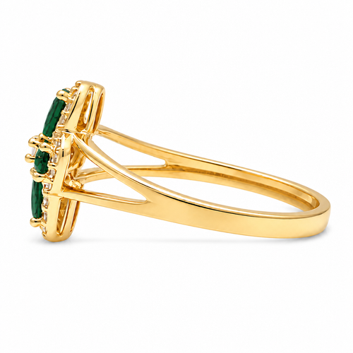 14KT Gold Ring Women's Jumbo Four Petal Flower Dark Green Petals with White CZ Center Stone and Border Plain Split Band