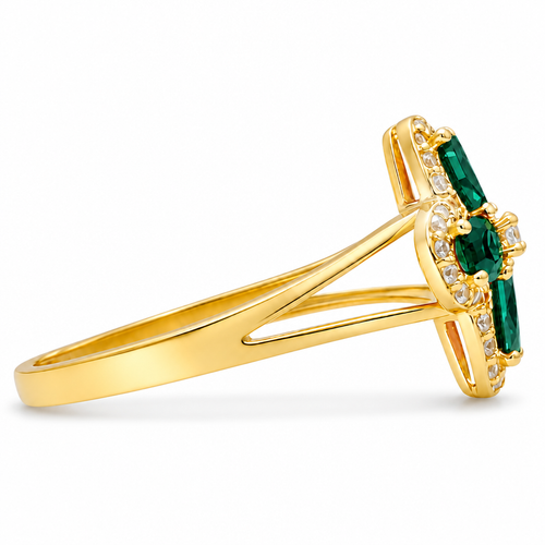 14KT Gold Ring Women's Jumbo Four Petal Flower Dark Green Petals with White CZ Center Stone and Border Plain Split Band