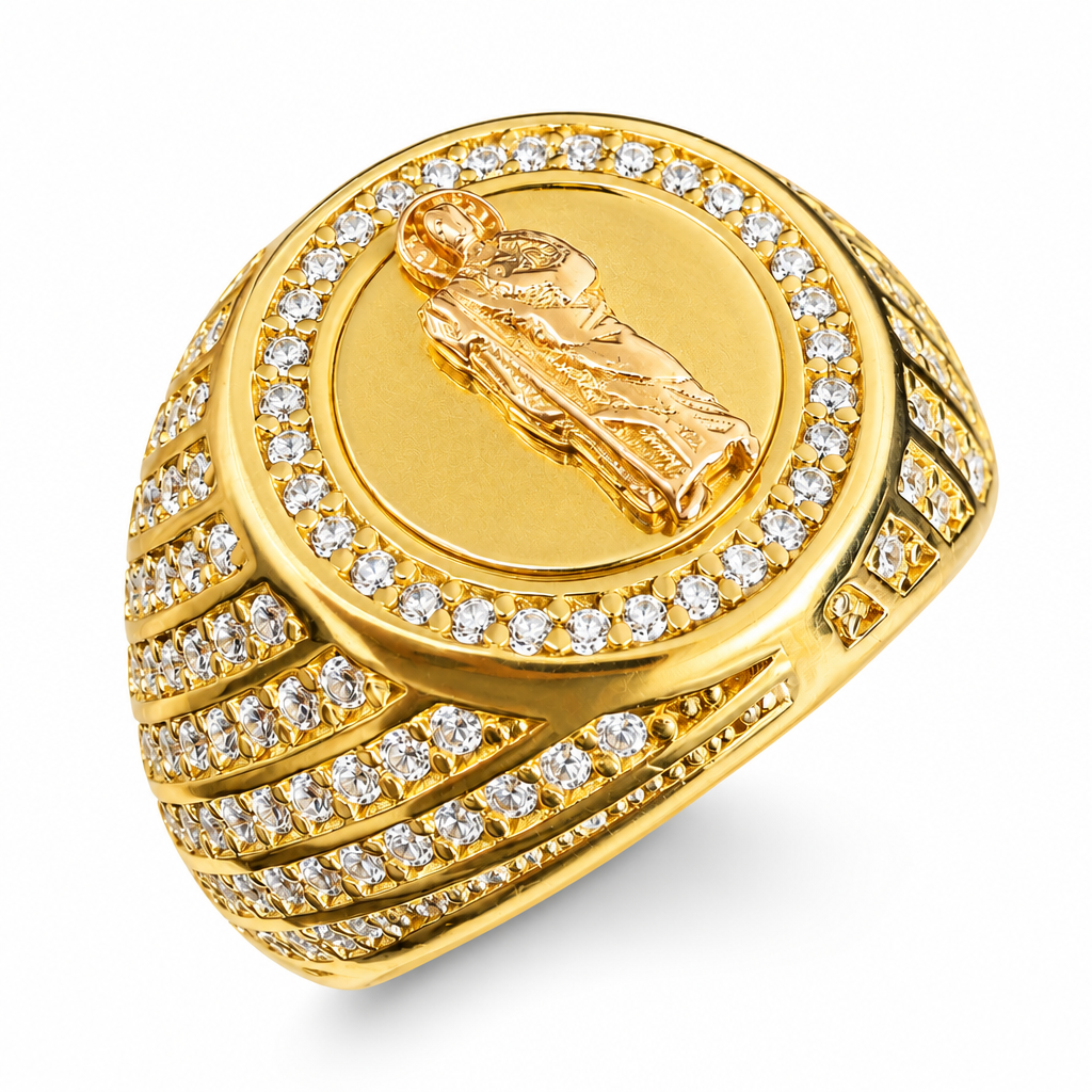 14KT Gold Ring Men's Round Raised St Jude Center with Plain Background and Single Row White CZ Stones Border, Edge with White CZ Stones Spiral Design Band
