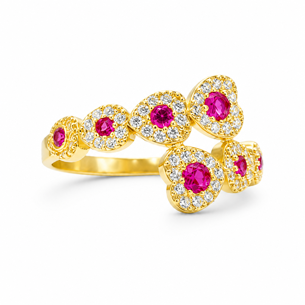14KT Gold Ring Women's Eight Red Center CZ Stones Center of White CZ Stones Heart Shape Bypass Band