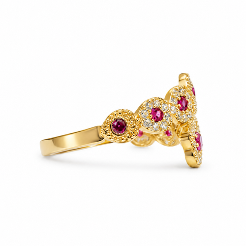 14KT Gold Ring Women's Eight Red Center CZ Stones Center of White CZ Stones Heart Shape Bypass Band