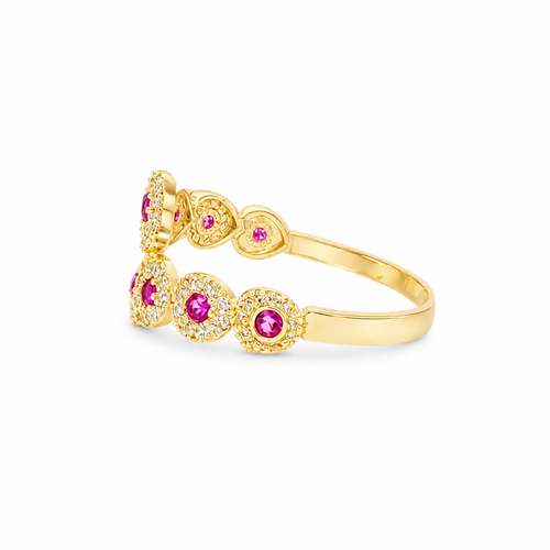 14KT Gold Ring Women's Eight Red Center CZ Stones Center of White CZ Stones Heart Shape Bypass Band