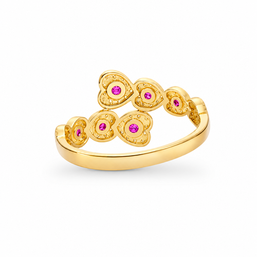 14KT Gold Ring Women's Eight Red Center CZ Stones Center of White CZ Stones Heart Shape Bypass Band